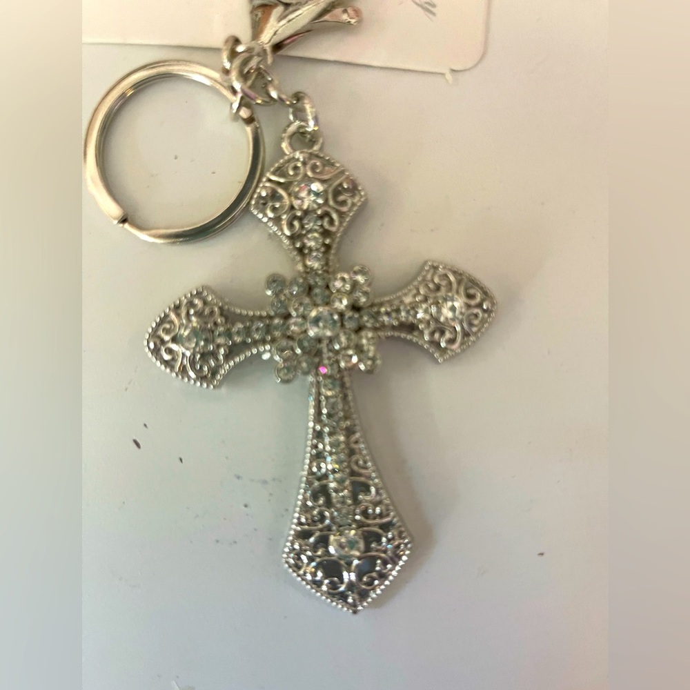 Bag Charm Key Chain Silver Filigree Cross Keychains with Rhinestones
